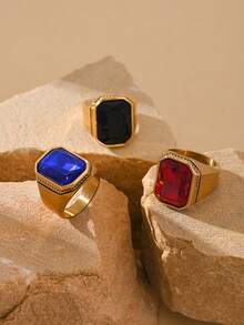 1pc Stainless Steel 18K Gold Plated Inlaid Large Rectangular Cubic Zirconia Engraved Business Style Men's Rings Gift Jewelry