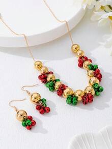 Set de 3 piezas de joyas de moda punk navideñas con un diseño minimalista de campanas, incluyendo collar, pulsera y aretes, un conjunto de joyas único para fiestas navideñas