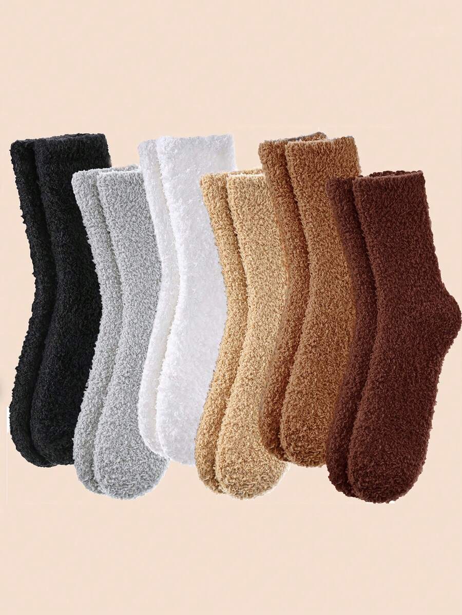 6 Pairs Kids' Solid Color Half Fleece Warm House Slippers Casual Mid-Calf Socks, Autumn/Winter
