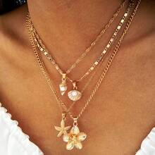 4pcs Elegant And Sexy Metal Starfish Flower Shell Pendant Necklace Set With Geometric Chain Jewelry, Perfect For Daily Wear Or Parties - Ideal Holiday Gift For Women, Versatile Autumn/Winter Fashion Accessory - Vàng - Xem 10