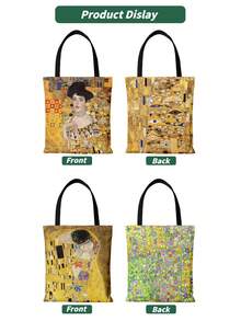 全新帆布手提包，印有古斯塔夫·克里姆特象征主义艺术品，双面，女士单肩包，通勤手提包，可折叠可重复使用购物袋 - 彩色 - 查看 11