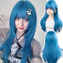 长直分层直发蓝色假发带刘海假发女士日常使用合成分层混合蓝色头发直发假发适合万圣节角色扮演派对 1 件 - 彩色 - 查看 10