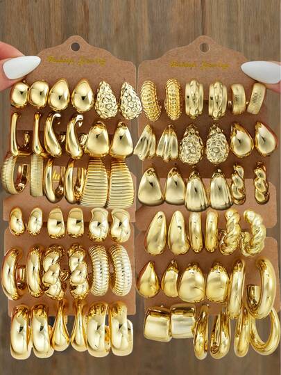 18pcs Fashionable Metallic Shiny Geometric Braided Wide Hoop Earrings Set, CCB Material, Lightweight, Suitable For Vacation, Party, Date, Daily Wear