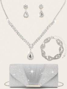 Women's Rhinestone Jewelry Rhinestone Jewelry Set Sparkling Necklace Earrings Bracelet Set Sparkling Wallet Handbag Silver Sparkling Glitter Folded Metal Hardware Flip Cover Envelope Bag Handheld Banquet Bag Handbag Women's Ball Handbag Metal Chain Handbag Wedding Party Handbag Cocktail Party Wedding New Wallet Banquet Bag Evening Dress Women's Bridal Evening Dress Ball - Silver - View 13