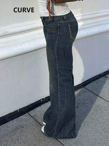 女式加大码喇叭牛仔裤，长款牛仔布，带口袋，纽扣拉链，高弹力