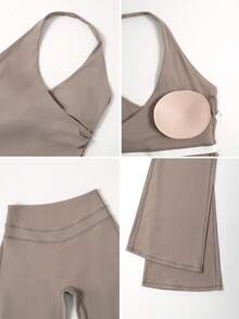 NcmRyu 1 Set Women's Sexy Halter Deep V-Neck Backless Shaping Flared Sports Suit - Grey - View 4