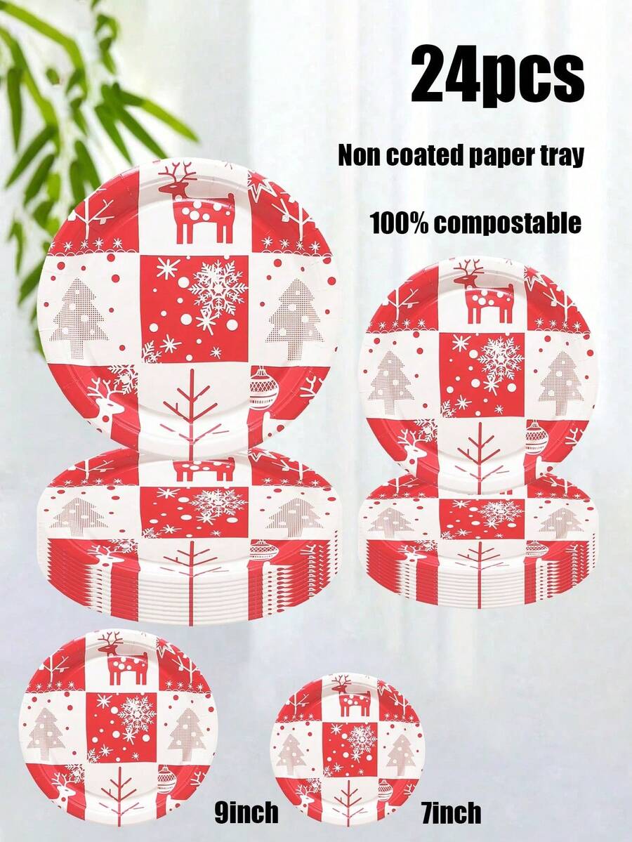 Juego de 24 piezas, vajilla desechable, platos de papel con temática navideña, platos para pasteles, platos de fiesta, platos de cumpleaños, materiales, adecuados para diversas celebraciones como fiestas de cumpleaños, reuniones, picnics, campamentos, barbacoas, fiestas en la playa, bodas al aire libre, fiestas de boda, etc.