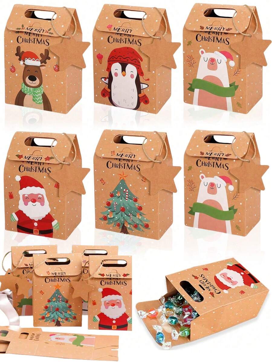 24 piezas Cajas de dulces navideños con etiquetas, Mini bolsas de regalo navideñas, Bolsas de papel de regalo de kraft para galletas y dulces, para suministros de obsequios de fiesta, rellenos de calcetines navideños, cajas de galletas y dulces