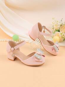 Flower Girl Shoes For Wedding, Party, Holiday, Suitable For Girls Of All Ages, Children Shoes, Classic Comfortable Versatile Small Shoes, Girls Fashion Pink Bow Glitter Sequin Shiny Heeled Dress Shoes For Formal Occasions, Recitals, Dance, Princess Style