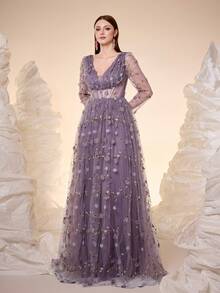 Mgiacy,New Arrival,V Neck,Party Perfect Floor-Length Bridesmaid Dress With Deep V Neck, Long Sheer Sleeves, And Intricate Lace Floral Embellishments With Ruched Bust