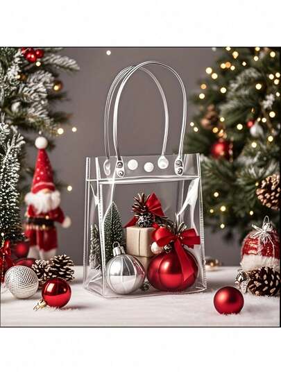 5/10pcs Heavy Duty Reusable Transparent PVC Gift Bags With White Circular Handles - Suitable For Wedding, Birthday, Christmas Party Gift Packaging, Large Capacity PVC Tote Bags For Candy, Business Events And Holiday Gifts (Non-Paper), Transparent Gift Bags, Transparent Bags, Transparent Gift Bags With Handles