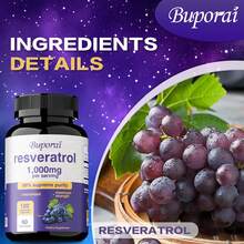 BUPORAI Resveratrol 1000 Mg: Antienvejecimiento, Cabello, Piel Y Uñas Saludables, Salud General Y Cardíaca, Mejora La Respuesta Inmunitaria - 120 Unidades - Una botella - Etapa de prueba - Ver 5