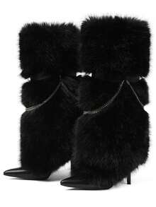 Women's Winter Furry Snow Boots Fuzzy Fluffy Knee High Pointed Toe High Heel Boots Outdoor Indoor Shoes Fashion Warm Fluffy Christmas Shoes For Women - 黑色 - 查看 4