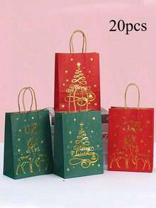 6/25pcs Christmas Kraft Paper Gift Bags, Red And Green With Golden Christmas Tree, Metallic Finish, Holiday Party Gift Bags With Handles, Suitable For Christmas Celebrations