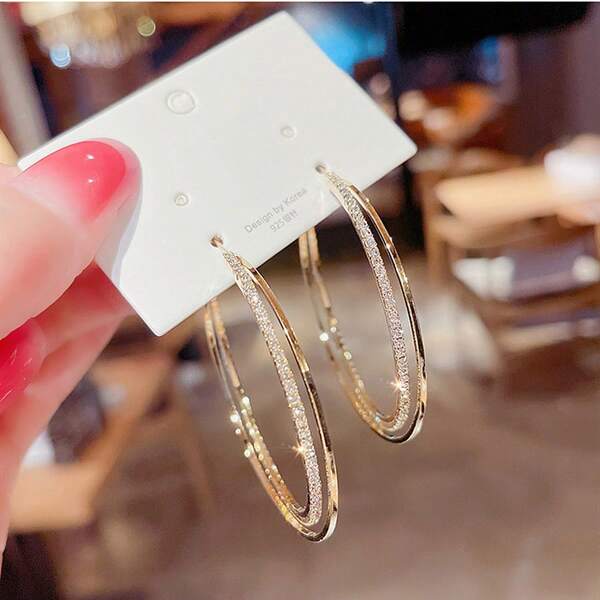 1 Pair Exaggerated Sparkling Double-Layer Interwoven Rhinestone Hoop Earrings, Suitable For Daily Wear And Parties