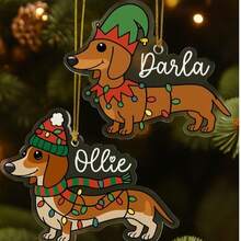 Personalisierte Weihnachtsornament mit Dackel in Weihnachtsoutfit mit Licht und Hundenamen, süßes Geschenk für Dackel-Liebhaber, Geschenk für Dackel-Fans