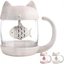 White Cat Glass Tea Mug Cup with Fish Tea Infuser Strainer Filter 250ML(8OZ)Mother's Day Gift (White) - blanco - Ver 2