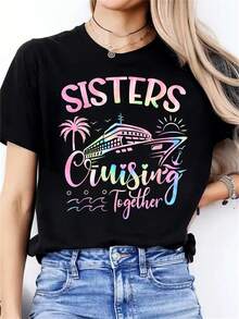 1pc Sisters Cruising Together Graphic Tee, Women'S Crew Neck Casual Sports T-Shirt, Polyester 95% Spandex 5%, Medium Stretch, All-Season Printed Top - 黑色 - 查看 1