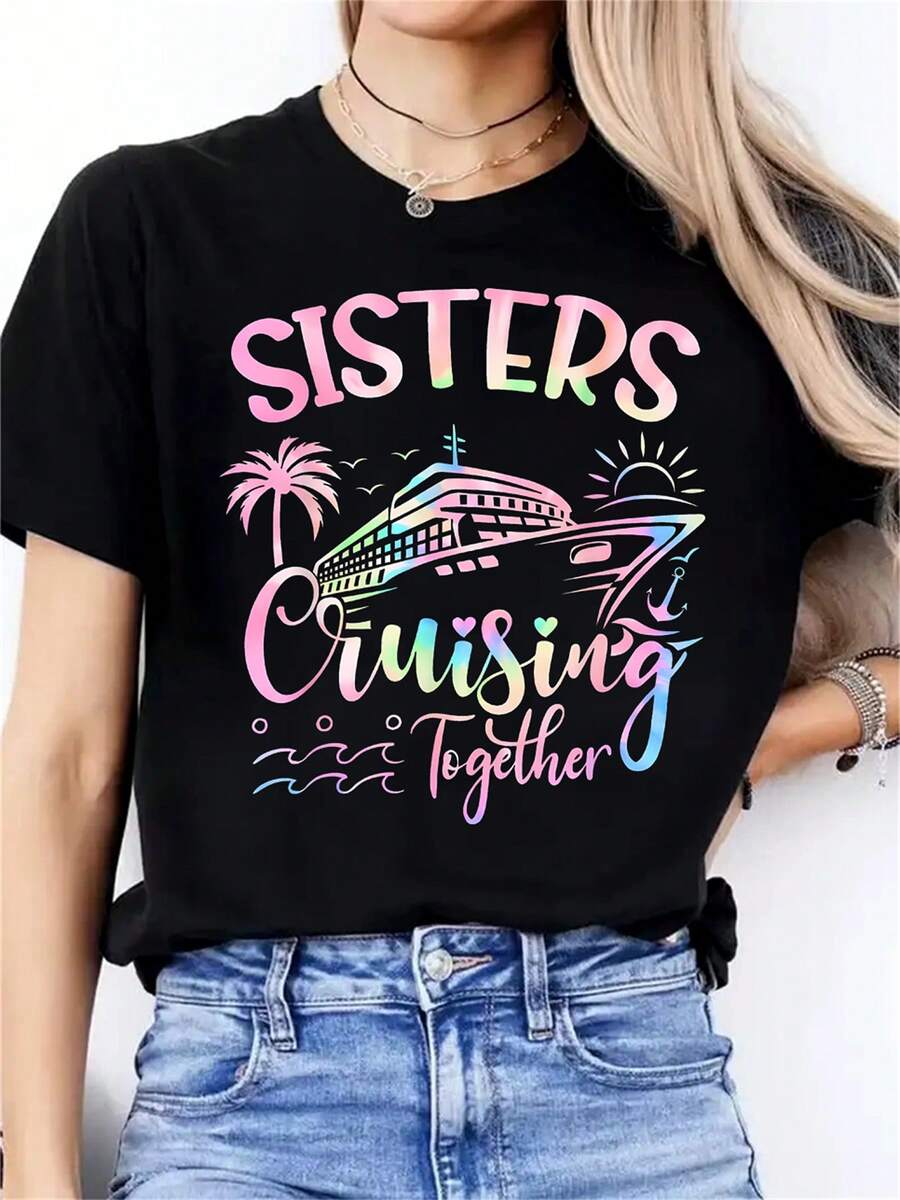 1pc Sisters Cruising Together Graphic Tee, Women'S Crew Neck Casual Sports T-Shirt, Polyester 95% Spandex 5%, Medium Stretch, All-Season Printed Top - 黑色 - 查看 1