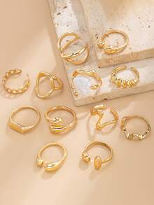 12pcs/Set Creative Fashion Multi-Element Metal Hollow Geometric Liquid Abstract Teardrop Design Open Rings, Vintage Bohemian Baroque Style Faux Pearl Decor Ring Set, Women Fashion Jewelry Set, Suitable For Daily Wear, Beach Vacation And Various Parties [Some Rings Are Open But Not Adjustable, Please Do Not Forcibly Bend Them Otherwise They Will Break, Sizes Are Marked] - Gold - View 4