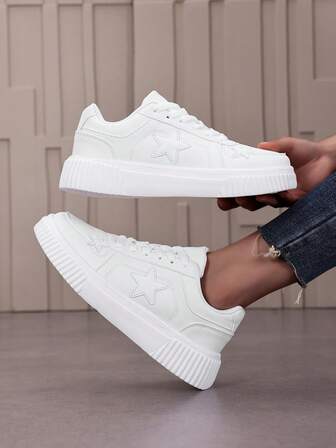女式平底厚底鞋，白色圆头系带休闲运动鞋，软底轻便，四季皆宜