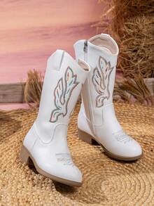 Girls' Comfortable & Fashionable Embroidered Sequin Splice Outdoor Casual High Heel Boots With Side Zipper - White - View 7