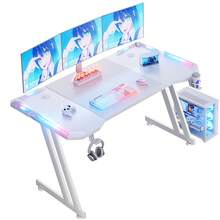 HLDIRECT Gaming Desk With LED Lights Carbon Fibre Surface Gaming Table Large Computer Desk Ergonomic Home Office Desks Z Shaped PC Gamer Workstations With Cup Holder & Headphone Hook,White - 白色 - 查看 2