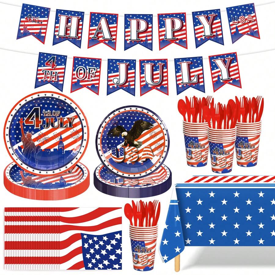 170pcs Independence Day Disposable Tableware Set,4th Of July Disposable Tableware Set Including Disposable Plates, Paper Towels, Paper Cups, Knives, Forks, Banners, Tablecloths,Patriotic With Statue Of Liberty Design, Ideal For BBQs,Picnics,Outdoor Gatherings,Family Reunions - 老鷹(日) - 查看 1