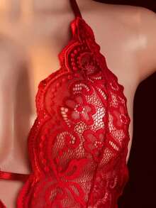 Sexy Lingerie, Open Crotch Design, Lace Skeleton Jumpsuit, Elegant Women's Jumpsuit, Bed Seduction Clothes, Passion Robe Fashionable Deep V Semi Transparent Sexy Ruffle Edge Jumpsuit - Red - View 4