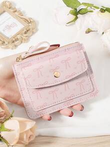 Pink Bow Love Pattern Bag,Elegant Wine Red Leather Card Holder With Flip Closure & Multi-Card Slots – Premium Short Wallet For Credit Card, Bank Card, And Coin Storage, Durable & Scratch-Resistant, Perfect For Travel, Shopping, And Gifting To Girlfriend, Mother, Or Teacher - Pink - View 1