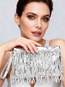 女士黑色亮片流苏手拿包、闪亮流苏晚装包、精致时尚的女士翻盖钱包，适合派对、约会、婚礼、礼物和购物。 - 彩色 - 查看 6