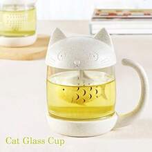 White Cat Glass Tea Mug Cup with Fish Tea Infuser Strainer Filter 250ML(8OZ)Mother's Day Gift (White) - blanco - Ver 6