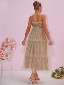 Shiny Patchwork Mesh & Sequin Layered Maternity Dress - Champagne - View 1