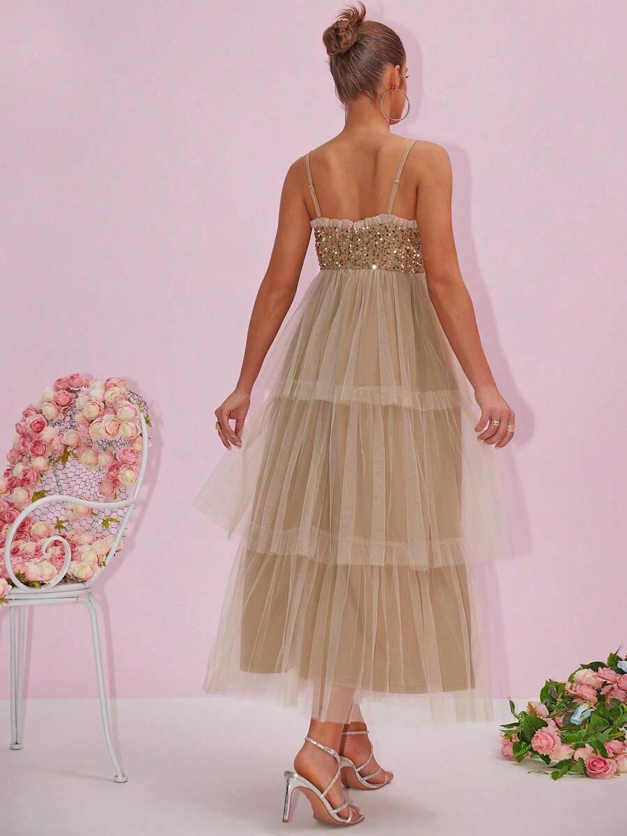 Shiny Patchwork Mesh & Sequin Layered Maternity Dress - Champagne - View 1