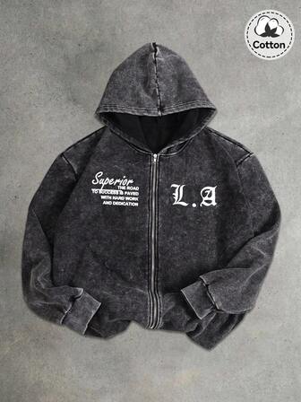 男士秋冬图案连帽运动衫上衣，略有弹性且合身，水洗做旧，毛绒棉质黑色长袖开衫拉链运动衫，休闲日常返校季夹克