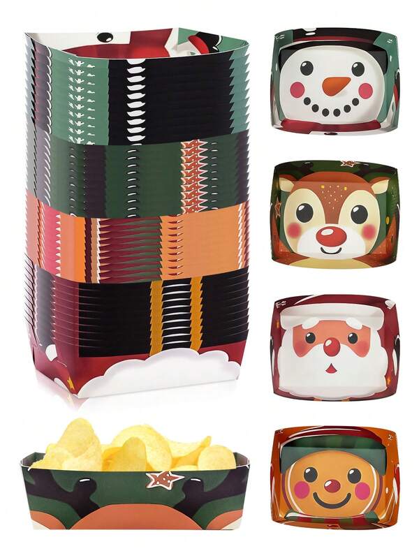 10pcs/40pcs/80pcs Christmas Party Pack Supplies Cute Food Trays Paper Serving Snack Plates Sanowman Reindeer Santa Pattern Popcorn Dessert Fresh Fries Bowls For Winter Holiday Xmas Party Decorations