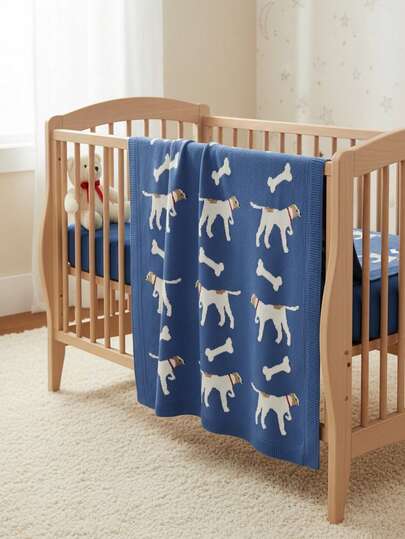 1pc Baby Knitted Blanket, 100% Cotton Cartoon Dog Pattern, Soft & Comfortable Infant Quilt, Suitable For All Seasons