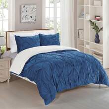 Elegant Comfort Ultra Soft 3pcs Pinch Pleated Pintuck Microsuede Fleece Reversible Sherpa Comforter Set With Shams, Cozy Warm Breathable, Easy Care Quilt Comforter Sets, Full/Queen, King/California King Size Bed For All Seasons, Christmas Decorations Gifts, Cozy Winter Styles, Holiday Décor - 海軍 - 查看 3