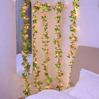 1pc Tie Dye Pink Rose Vine String Lights, Suitable For Christmas, Halloween, Thanksgiving, Wedding, Party, Holiday, Gift, Home Decor, Bedroom Decor, Party Decor, Wall Decor, Birthday Decor, Garden Decor, Holiday Decor