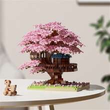 1 Set Bonsai Cherry Blossom And Peach Tree House Assembly Puzzle Blocks - Delicate Design, 14+ Years Old Teens Handmade DIY Micro Particle Building Model Toys, Made Of ABS, Desktop Decorative Model, Perfect For, Christmas Gifts, Home Decor And Creativity Games, Include 1 Multifunctional Block Pliers Disassembly Tool