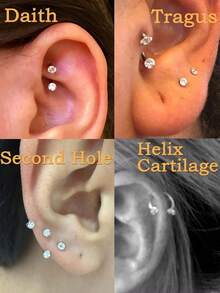 3件套闪亮立方氧化锆马蹄形和球形耳钉，女士/女孩优雅闪亮C形耳环，透明立方氧化锆镶嵌鼻环/唇环，珠宝礼品，6/8/10毫米 - Silver-1# - 查看 5