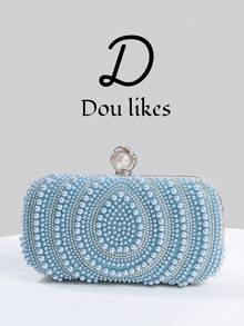 优雅的泪珠蓝珍珠晚装手拿包，适合旗袍的高端订婚手提包，配有金属链，优雅的女士派对手拿包适合舞会、婚礼、毕业舞会、正式晚宴/宴会，完美搭配女士毕业舞会礼服、毕业舞会配饰、亮片礼服、闪亮礼服、女士优雅礼服。 - 藍色 - 查看 9