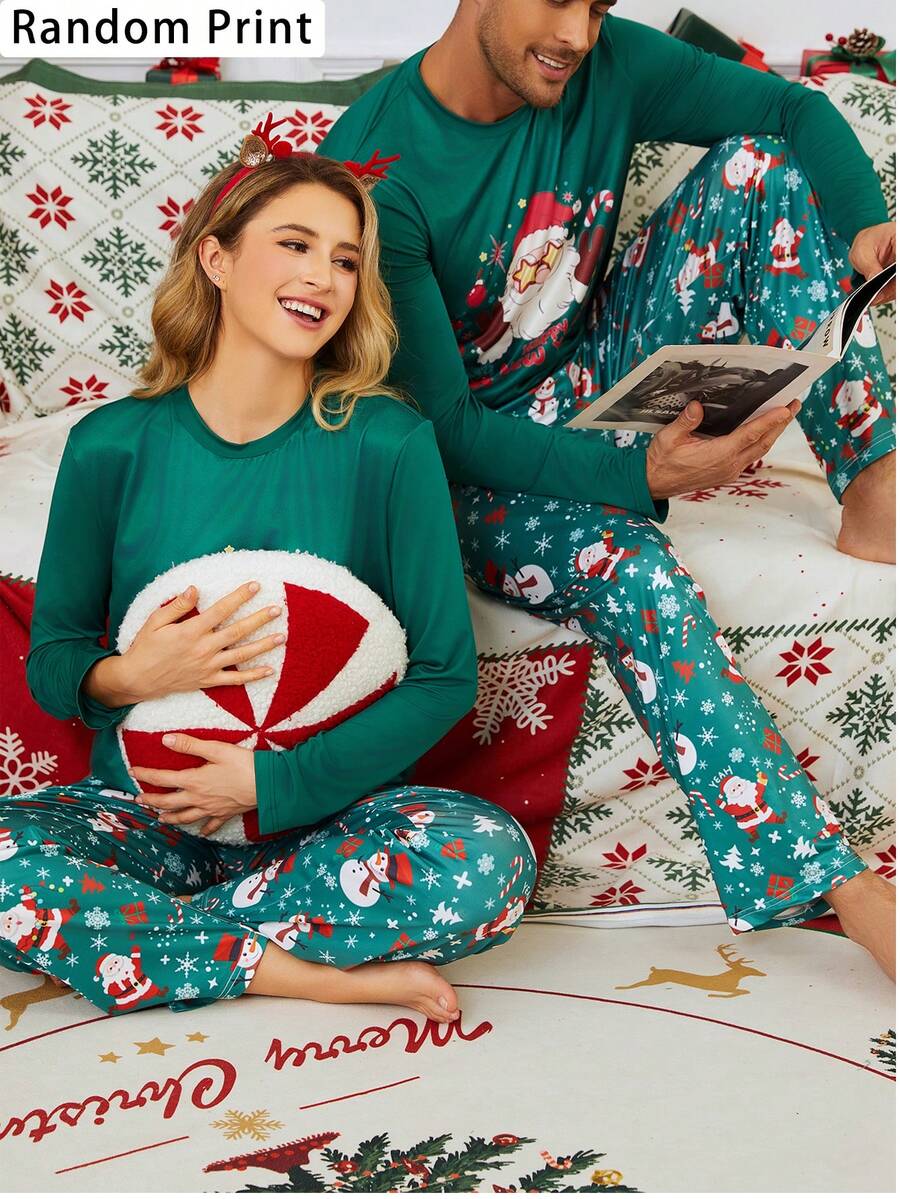2 件套男士圣诞随机印花图案常规版型圆领套头衫和裤子宽松睡衣套装，轻便，适合春秋季 - 綠色 - 查看 1