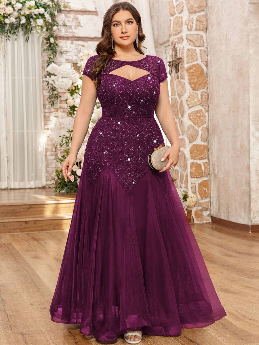 大码优雅亮片花卉蕾丝撞色网纱荷叶边下摆长裙，适合晚宴、返校节、婚礼宾客、生日、毕业典礼等夏季场合 - 紫紅色 - 查看 1