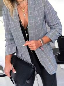 Women's Grey Plaid Woven Fabric Regular Fit Long Sleeve Blazer Jacket, Creating A Casual Chic Look