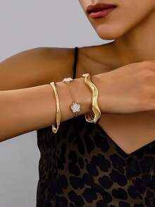 3件时尚简约幸运草和几何波浪手链套装 - 金黃色 - 查看 2