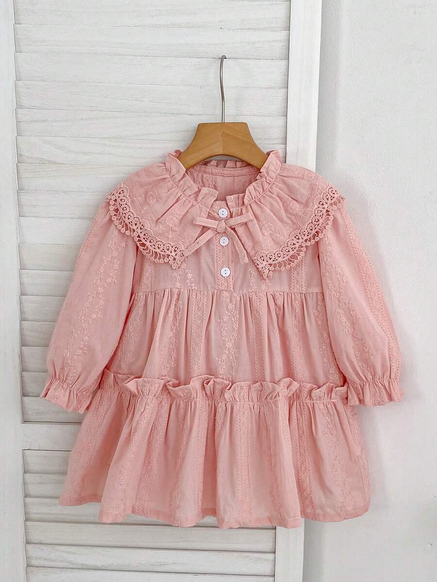 Mädchen Spitzenkragen Prinzessin Kleid, Frühling/Herbst - Pink - Übersicht 1