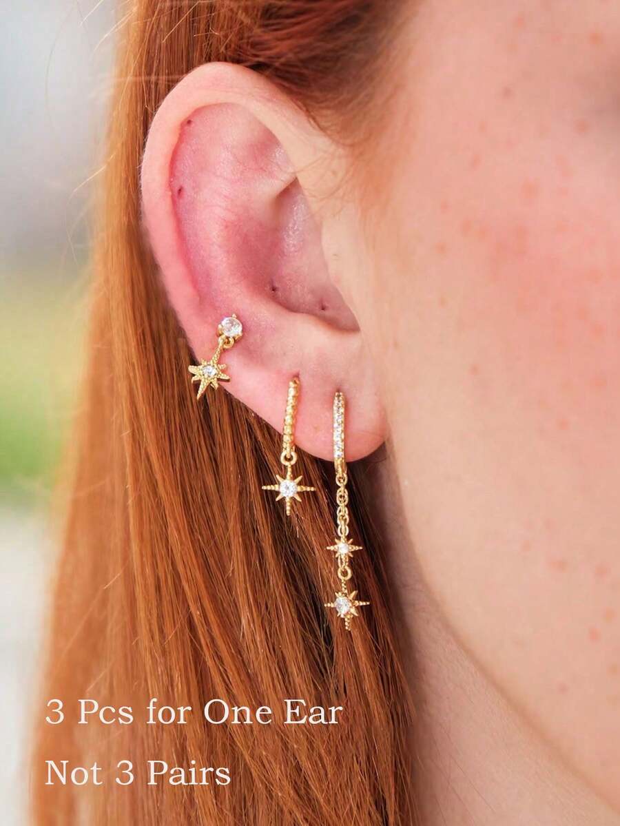 Bộ 3 bông tai mặt dây chuyền hình ngôi sao đính đá Zirconia, mạ vàng 14K, ít gây dị ứng, phù hợp đeo hàng ngày, vừa với nhiều kích cỡ lỗ xỏ tai, nhẹ và thời trang, món quà tuyệt vời dành cho phụ nữ và bé gái. - Vàng-7# - Xem 1