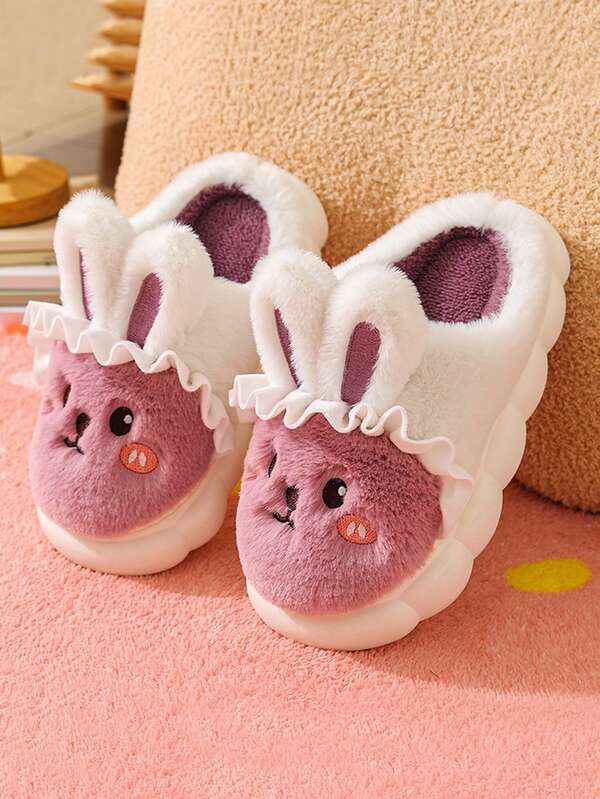 1 Par de Pantufas Infantis Fofas com Estampa de Animais de Desenho Animado, Forradas com Pelúcia, Pantufas Casuais para Crianças, Outono/Inverno