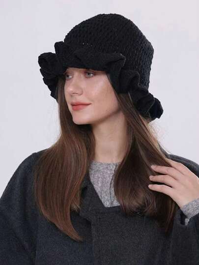 1 Stück handgefertigter gestrickter einfarbiger Damen Fischerhut mit gerüschtem Rand, übertriebenes Design, modische Winter Mütze